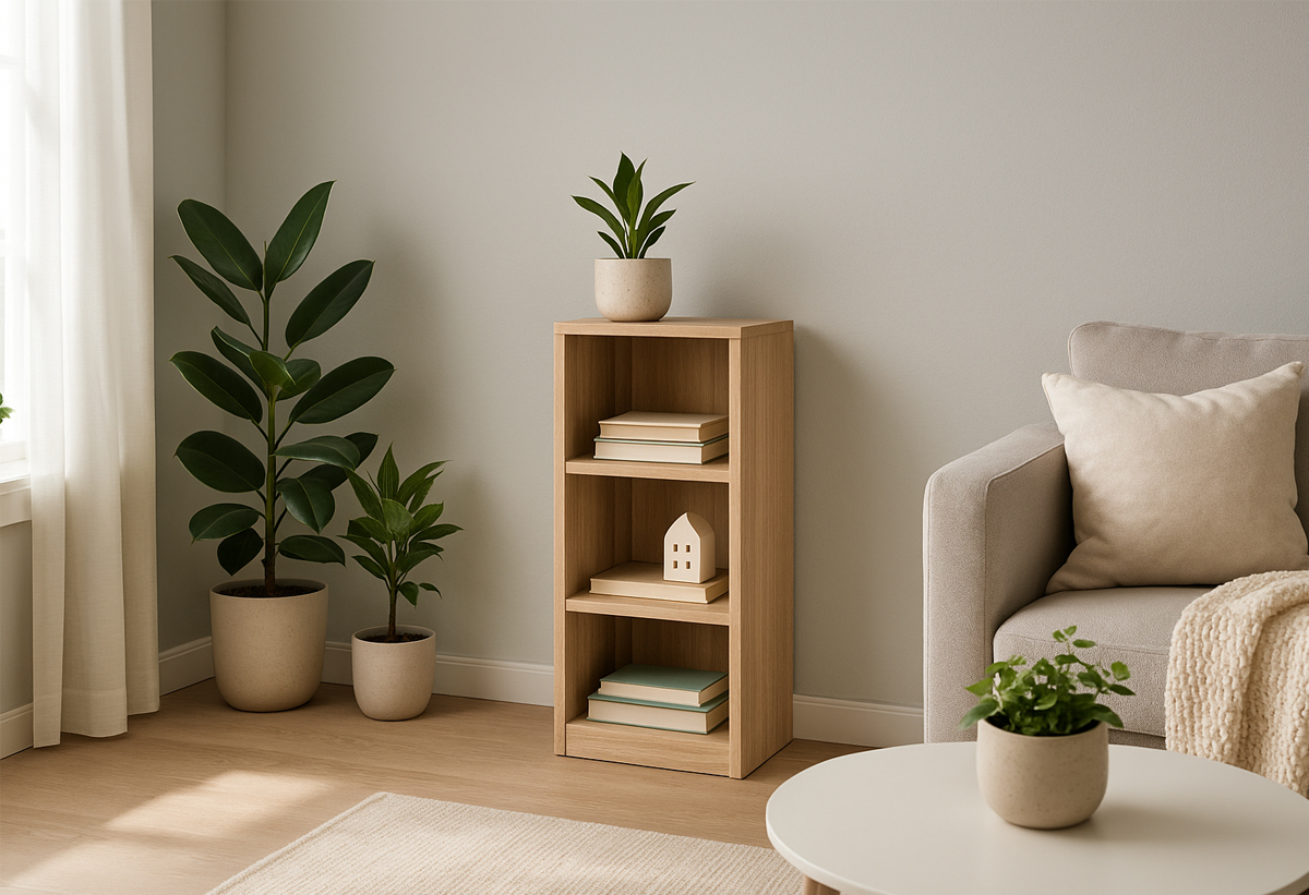 Απεικονίζεται η βιβλιοθήκη σε ένα σαλόνι.